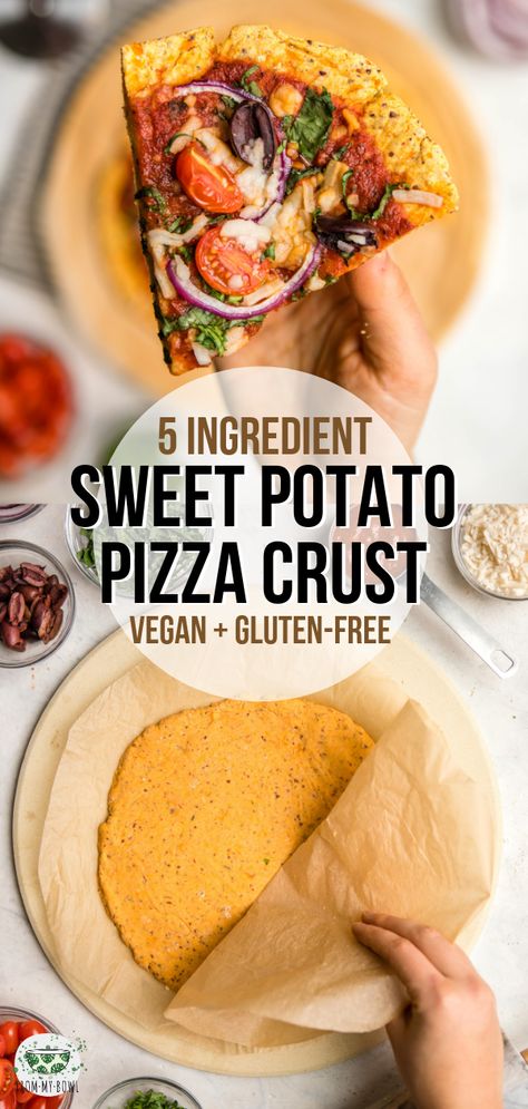 Finally, Sweet Potato Pizza crust that's fluffy, healthy, and delicious! Vegan, Gluten-Free, and made with only 5 ingredients. #vegan #glutenfree #plantbased #sweetpotato #pizza | frommybowl.com Pizza Crust Substitute, Pizza Sweet Potato, Vegan Gluten Free Italian Recipes, Wfpb No Oil Recipes, Vegan Grain Free Recipes, Veggie Pizza Crust, Plant Based Pizza Crust, Gf Pizza Crust, Potato Pizza Crust