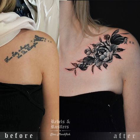 Here you can see another amazing and creative cover up tattoo idea for women. It was made by Stas_Monkfish. And he used a flower tattoo to cover up the old one. Come closer and take a look in our tattoo studio Tattoo Covers For Women, Flower Tattoos On Chest Cover Up, Womens Lower Back Tattoos Cover Up, Shoulder Tattoos For Women Cover Up, Tattoo Writing Cover Up Ideas, Shoulder Chest Tattoo Female Cover Up, Floral Tattoo Design Cover Up, Collarbone Tattoo Cover Up Ideas, Cover Up Chest Tattoos Women