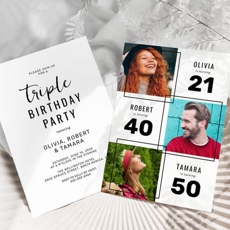 Black White 3 Photo Joint Birthday Party Invitation #zazzle #weddinginvitations #birthdayinvitations #babyshowerinvitations #zazzleinvitations #monogram #businesscards #graduation #homedecor Triple Birthday Party Invitation, Birthday Party Black And White, 3 Photo Template, Truck Party Invitations, 65 Birthday, 80th Birthday Invitations, Milestone Birthday Party, Text Template, Bday Invitations