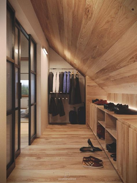 Mountain Loft by Seryjny Projektant Loft Walk In Closet, Large Loft Bedroom Ideas, Bedroom Ideas Loft, Slanted Ceiling Closet, Loft Closet, Loft Bedrooms, Modern Loft Apartment, Attic Bedroom Storage, Asma Kat