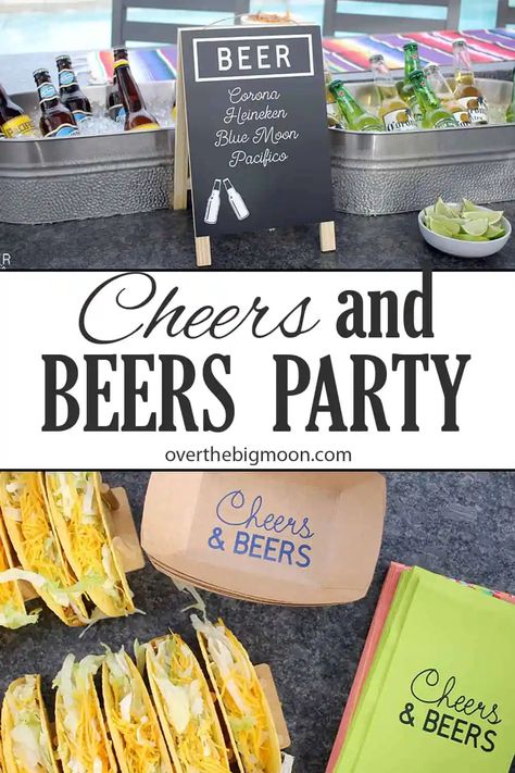 #ad Who doesn't love a classic Cheers and Beers Party?!? Come see how I put together this fun party by making menu signs and customizing other tableware for a classic Taco and Beer night! Plus, get fun ideas for different foods that pair well with Beer for your upcoming party! #BeersandCheers #TacoandBeer #BeerandTaco #TacoParty #BeerParty #CricutCreated #CricutMade #Cricut #EasyPress Cheers To Beers Party, Cheers And Beers 40th Birthday, 30th Birthday For Men Party, Beer Party Food Ideas, 50th Birthday Beer Theme, Cheers And Beers 50th Birthday Party, 30th Beer Birthday Party, Beer Themed Birthday Party Food, Cheers And Beers Party Food