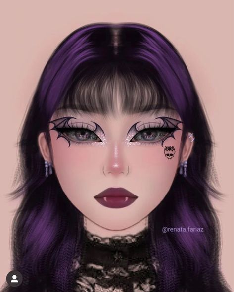 Purple Halloween Makeup Ideas, October Eye Makeup, Graphic Eyeliner Halloween, Elissabat Makeup, Purple Hair Halloween Costumes, Purple Halloween Makeup, Friday The 13th Makeup, Purple Goth Makeup, Purple Hair Character