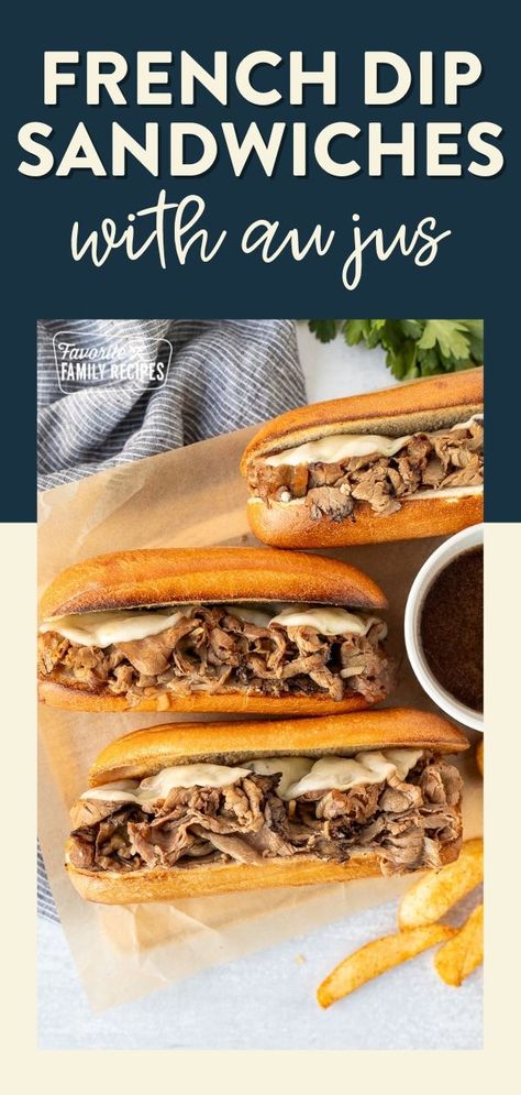 This French Dip Sandwiches with Au Jus is incredibly easy to make. With two layers of gooey melted cheese, flavorful Italian roast beef, a toasted bun, and savory au jus for dipping, you will want to recreate this French dip sandwich recipe again and again. Follow our tips for the best French dip sandwiches yet! Best French Dip Recipe, Roast Beef French Dip, Roast Beef Lunch, Roast Beef Au Jus, French Dip Au Jus, Italian Roast Beef, French Dip Recipes, Beef Au Jus, Au Jus Recipe