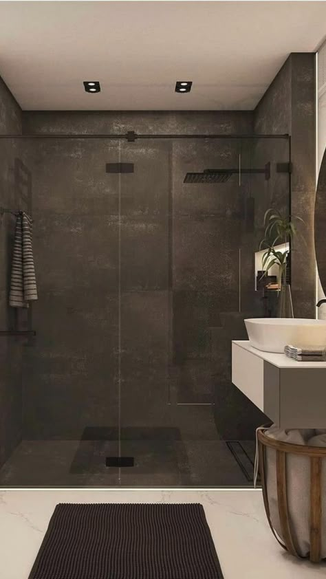 Brown Tiles Bathroom, Bathroom Shower Inspiration, Brown Tile Shower, Dark Grey Tile Bathroom, Dark Tile Bathroom, Small Dark Bathroom, Dark Brown Bathroom, Large Tile Bathroom, Brown Tile Bathroom