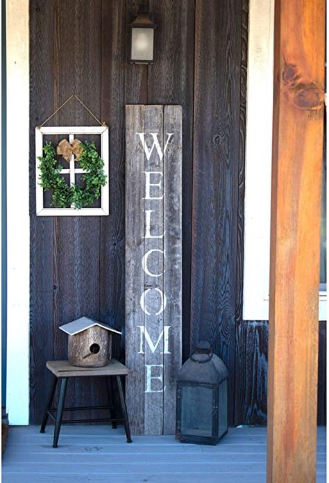 Mountain Porch, Tall Welcome Sign, Closed In Porch, Front Porch Welcome Sign, Farmhouse Welcome Sign, Deck Wood, Rustic Front Porch, Deck Decor, Welcome Door Signs