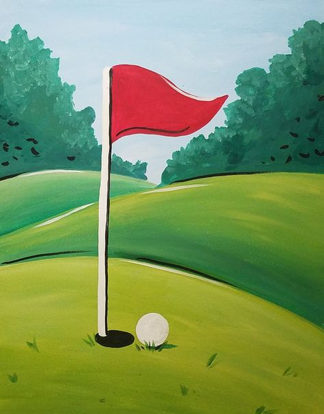 Cartoon Golf Course, Golf Pop Art, Sports Painting Ideas Easy, Golf Course Painting Easy, Golf Artwork Paintings, Golf Painting Canvas, Golf Rock Painting, Painted Rocks Golf Theme, Golf Art Drawing