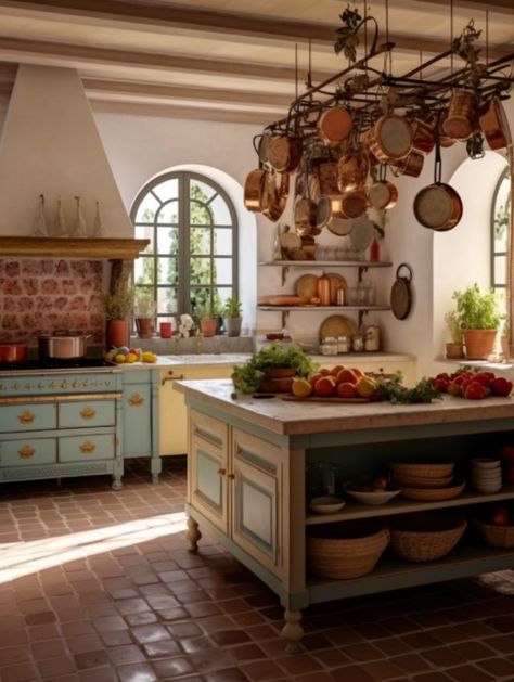 Ireland Kitchen Design, Roman Farmhouse Kitchen, Kitchen In Italy, Italian Home Kitchen, Italian Villa Aesthetic Kitchen, Countryside House Kitchen, Meditarian Kitchen, Spanish Country Kitchen, Italian House Kitchen