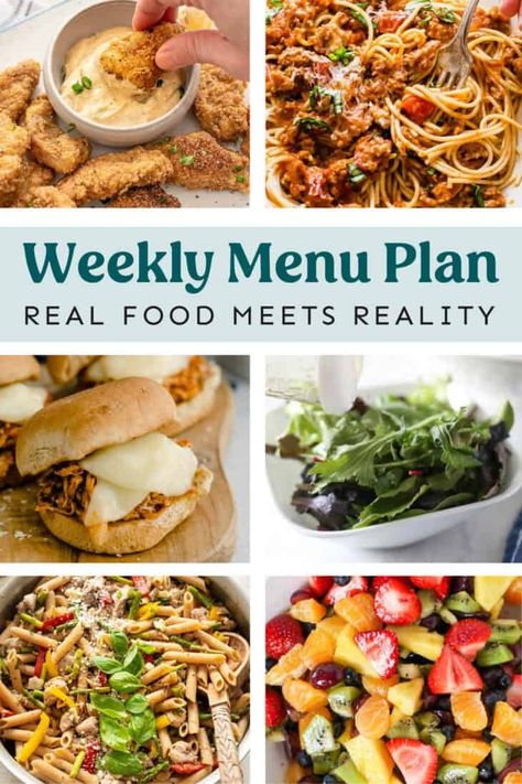 Weekly Menu Plan: July 29-August 4 - Thriving Home Cheesy Pesto Bread, Wilted Lettuce Salad, Pesto Bread, Crockpot Spaghetti, Thriving Home, Weekly Menu Plan, Chicken Penne, Weekly Menu Planning, Grilled Pork Tenderloin