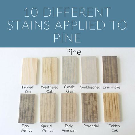 A stain reference guide for the top 10 stains from light to dark that have been applied on pine.  #stain #woodstain #pickledoak #minwax #varathane #homeproject #woodworking Neutral Wood Stain For Pine, Best Light Stain Colors, Light Stains For Wood, Early American Varathane Stain, Stain For Pine Floors, Pine Hardwood Floors Stains, Light Stain Colors On Pine, White Pine Stain Colors, Pine Flooring Stain Colors