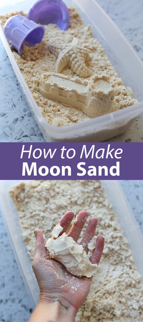 Easy DIY Moon Sand - Childhood Magic Moon Sand Recipe 2 Ingredients, Magic Sand Recipe, Diy Magic Sand, Sand Clay Recipe, Kinetic Sand Diy, Moon Sand Recipe, Homemade Kinetic Sand, Flour Baby, How To Make Sand