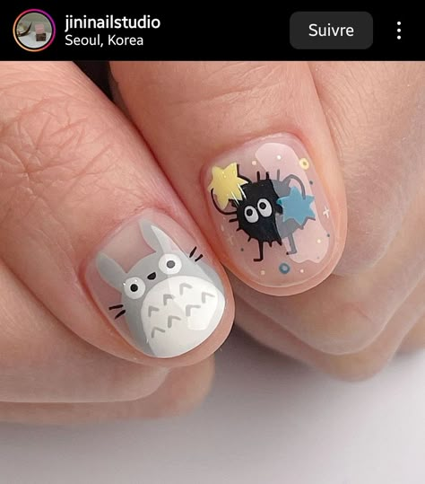 Totoro Nails Studio Ghibli, Totoro Nail Art, Nail Designs Cartoon, Totoro Nails, Ghibli Nails, Minimal Nails Art, Quick Nail Art, Cartoon Nails, Asian Nails