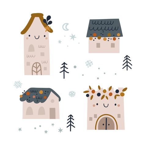 Cute Houses Illustration, Cute House Doodle, House Cute Drawing, House Cartoon Illustrations, Winter House Drawing, Cottage Doodle, Cute House Illustration, Cartoon Houses, Houses Illustration