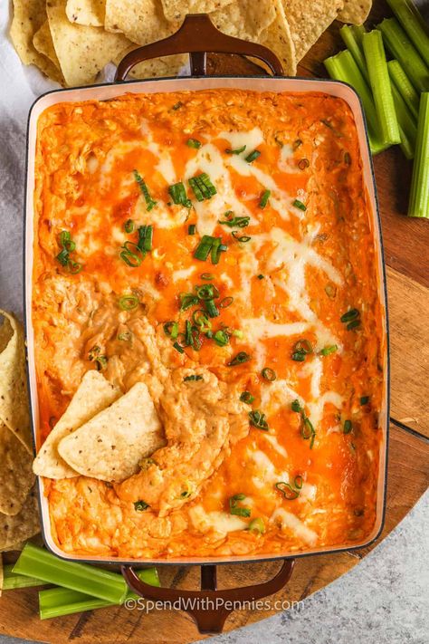 Everybody loves a hot appetizer dip, and this recipe for buffalo chicken dip is among the best! Cheesy, hearty, and spicy buffalo chicken dip comes together in a Crock Pot in only minutes, from a combination of sour cream, cheddar, mozzarella, and cooked chicken with homemade red Buffalo sauce, or Franks hot sauce. Keep it hot and serve with wings or a veggie platter for all-day snacking. #buffalochickendip #crockpot #appetizer #spendwithpennies Appetizer Dips Hot, Spicy Buffalo Chicken Dip, Easy Cheese Dip, Chicken Dip Recipe, Buffalo Chicken Dip Recipe, Hot Appetizers, Wednesday Afternoon, Spend With Pennies, Easy Cheese