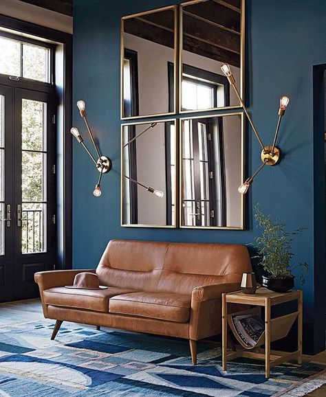 Without question, the fairest mirrors on any wall.  Shop this whole look with the link in profile! #mywestelm Tv Fal, Apartment Deco, Interior Design Minimalist, Living Room Remodel, Blue Living Room, Room Decorating, Vintage Sofa, Room Remodeling, Minimalist Living