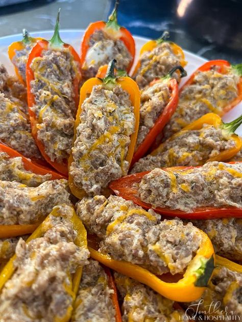 Sausage Stuffed Mini Peppers, Peppers And Cream Cheese, Stuffed Peppers Appetizer, Stuffed Mini Sweet Peppers, Stuffed Veggies, Cream Cheese Stuffed Peppers, Cream Cheese Sausage, Bacon Wrapped Sausages, Party Finger Food