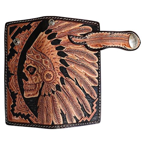 100% Genuinne Leather. This durable Indian Biker Wallet from cowhide features a nicely detailed Indian Chief Skull wearing a feather headpiece. ✔ FREE SHIPPING. Harley Men, Cowgirl Stuff, Skull Stencil, Indian Feathers, Indian Skull, Tooling Patterns, Leather Crafting, Biker Wallet, Leather Carving