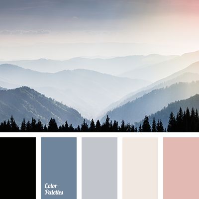 black, black and pink, blue and pink, Blue Color Palettes, color of fog in the mountains, dairy color, dawn colors, fog color, gray with a shade of blue, grey blue, pink, tender pink. Blue And Gray Color Scheme, Color Scheme With Black, Flat Bedroom, Blue Gray Bedroom, Palettes Color, Color Palette Ideas, Black Color Palette, Yellow Colour Scheme, Color Pallete