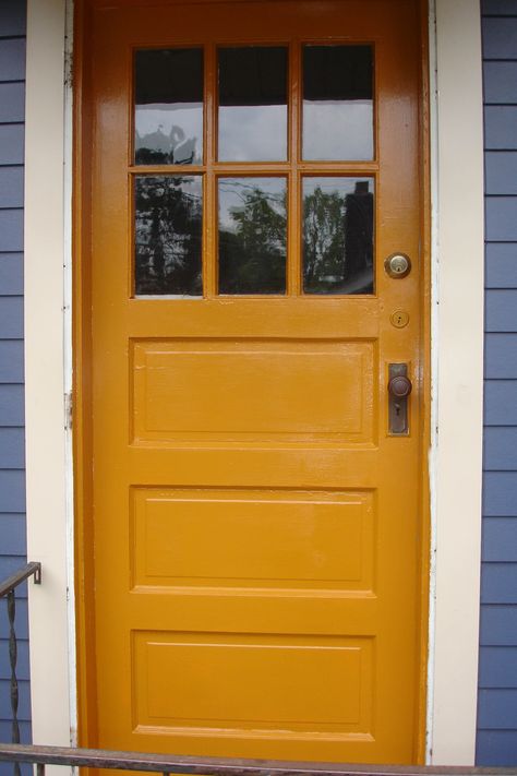 yellow-ochre back door Mustard Front Door, Mustard Yellow Front Door, Casper House, Mustard Yellow Door, Utility Porch, Yellow House Exterior, Yellow Front Door, Navy House, Orange Front Doors