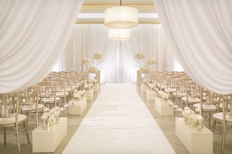 Chiavari Chairs Wedding, Fairytale Wedding Theme, Wedding Processional, White Wedding Ceremony, Draping Wedding, Wedding Alters, Wedding Venues Indoor, Downtown Wedding, White Drapes