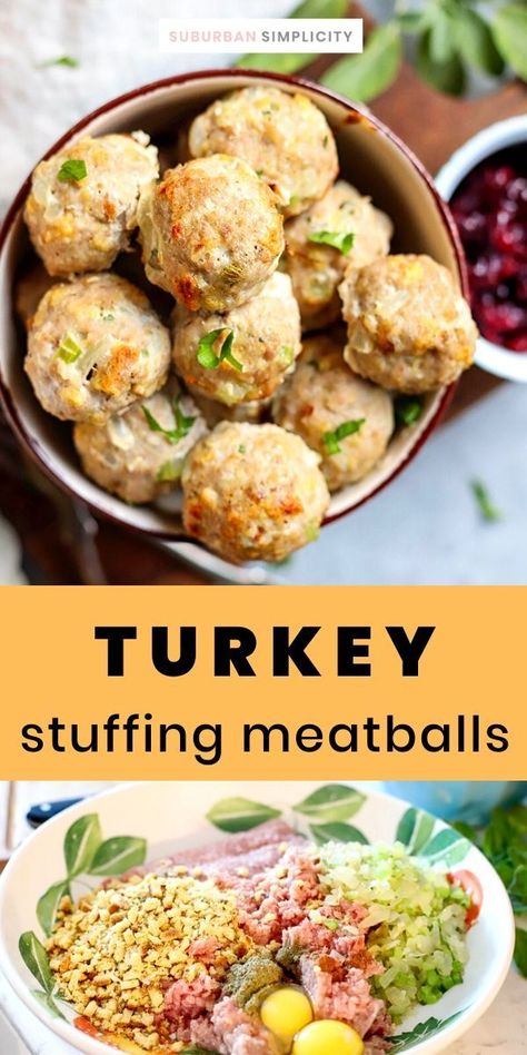 It’s Thanksgiving dinner rolled into a delicious ball! This easy baked Turkey Stuffing Meatballs recipe is a savory mouthful of turkey, stuffing, and spices in every bite that’s good year-round! Moist and delicious. #suburbansimplicity #turkeymeatballs #turkeyandstuffing #turkey #meatballs #Thanksgiving #thanksgivingrecipes #recipesforthanksgiving Mini Turkey And Stuffing Cups, Stuffing Turkey Balls, Cranberry Turkey Stuffing Meatballs, Turkey Meatballs With Stove Top Stuffing, Meatballs Using Stove Top Stuffing, Turkey Thanksgiving Meatballs, Turkey Stuffed Meatballs, Stuffing Meatballs Stovetop, Turkey And Stuffing Balls