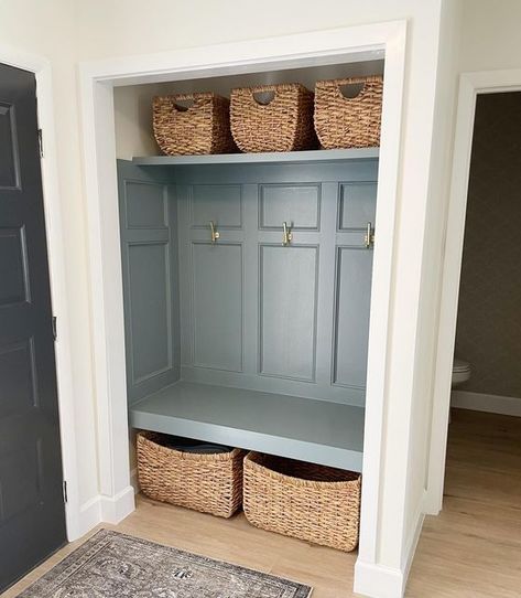 Entryway Closet Into Mudroom, Entry Closet No Doors, Converting Closet To Mudroom, Open Entry Closet Ideas, Open Coat Closet Entryway, Closet Converted To Mudroom, Mini Mudroom Entryway, Benjamin Moore Templeton Gray, Convert Closet To Mudroom