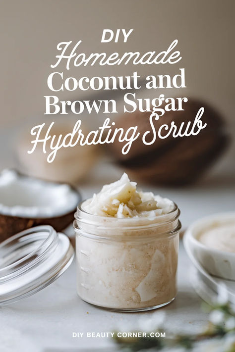 DIY Coconut & Brown Sugar Hydrating Body Scrub Home Made Exfoliating Scrub Skin, Body Scrub Gift Ideas, Coconut Oil Diy Beauty Recipes, Hydrating Body Scrub Diy, Body Scrub Homemade Recipes Dry Skin, Coconut Oil Sugar Scrub Recipe, Homemade Salt Scrubs Recipes, Diy Sugar Scrub Recipe Homemade, Natural Face Scrub Homemade