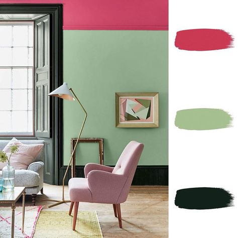 Little Greene on Instagram: “Our traditional Regency colour 'Pea Green 91' has been paired with 'Leather 191' & 'Obsidian Green 216' to create a peaceful yet playful…” Light Green Paint, Patterned Blinds, Farrow & Ball, Bold Statements, Green Paint Colors, Little Greene Paint, Soft Furnishings Cushions, Green Walls, Elegant Dining Room