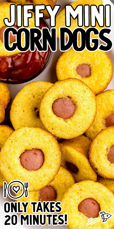 Mini corn dogs are the ultimate crowd-pleaser, featuring juicy hot dogs enveloped in a crispy, golden cornbread crust, making them a delightful snack for gatherings or indulgent treats. Cornbread Hot Dogs Mini Muffins, Mini Corn Dogs Muffins, Mini Muffin Corn Dogs, Mini Corn Dogs Jiffy, Jiffy Corn Dog Muffins, Mini Corn Dog Bites, Corn Dog Appetizers, Jiffy Mini Corn Dog Muffins, Corn Muffin Hot Dog Jiffy Cornbread