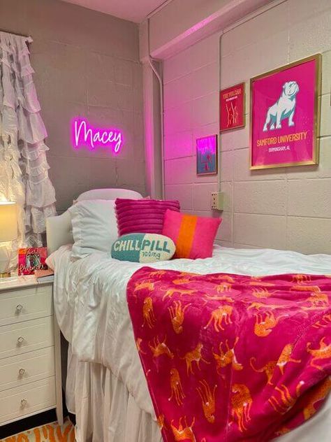 31 Insanely Cute Dorm Room Color Scheme Ideas To Recreate In 2023 White Orange Pink Bedroom, Orange Pink Blue White Bedroom, Room Ideas Aesthetic Pink And Orange, Pink And Orange Door Room, Preppy Tapestry Bedroom, Neon Pink And Orange Room, Dorm Orange And Pink, Colorful Dorm Room Ideas Preppy, Pink Orange Gold Dorm Room