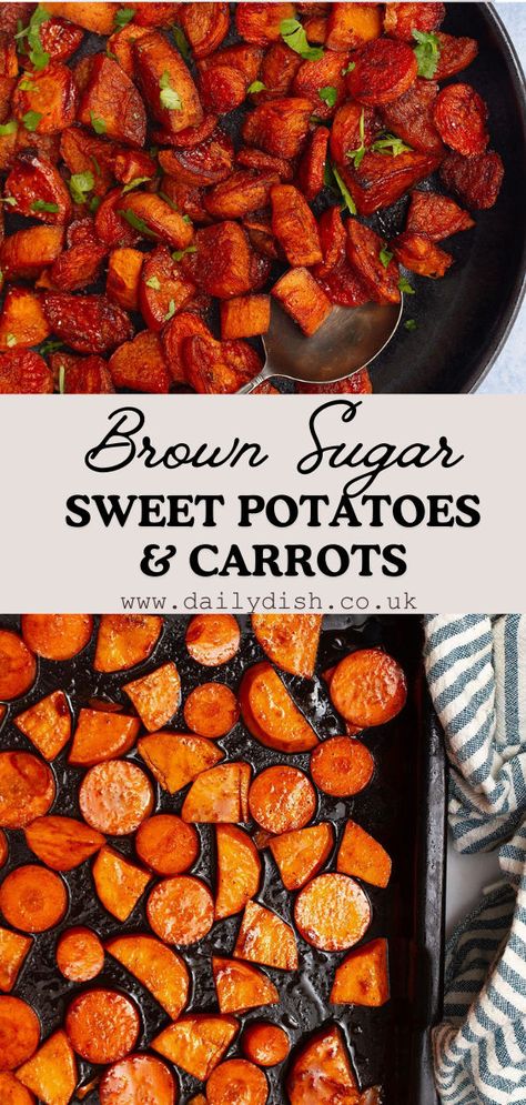 Roasted Sweet Potatoes And Carrots With Brown Sugar Roasted Sweet Potatoes And Carrots, Carrots With Brown Sugar, Brown Sugar Roasted Carrots, Sweet Potatoes And Carrots, Brown Sugar Sweet Potatoes, Brown Sugar Carrots, Carrots Roasted, Brown Sugar Glazed Carrots, Sweet Potato Carrot