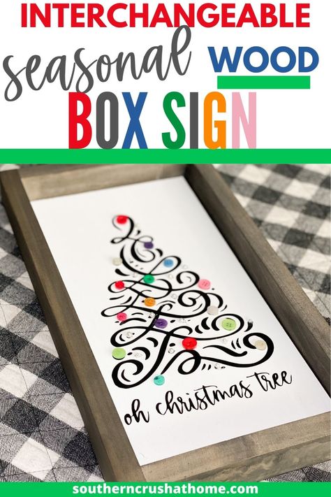 Interchangeable seasonal wood signs are signs you can change out for different occasions to decorate your home. See how to make one... https://southerncrushathome.com/interchangeable-seasonal-wood-signs/ #welcomesign #woodsign #christmassign #seasonaldecor #ohchristmastree #holidaydecor #boxsign Nesting Boxes Diy, Interchangeable Wreath, Diy Candles Video, Diy Tulle, Doilies Crafts, Making Candles Diy, Tray Ideas, Nesting Box, Dollar Tree Decor