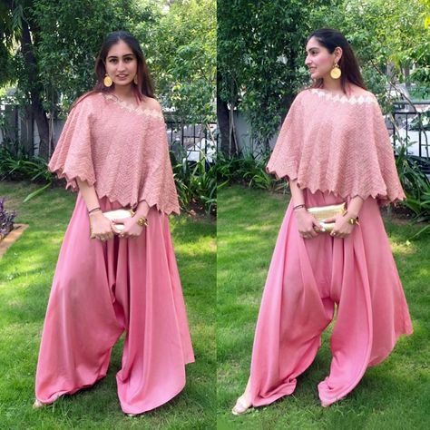 ANAMIKA KHANNA Pink Off-Shoulder Cape and Draped Cowl Pants Anamika Khanna Cape, Cape Dress Indian, Cowl Pants, Dhoti Salwar Suits, Draped Pants, Dhoti Salwar, Cape Lehenga, Western Outfits Men, Drape Pants