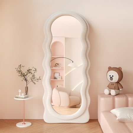 Full Length Mirror 63" x 24" Floor Mirror, Flannel Wrapped Wooden Frame Wall Mirror, Irregular Wavy Mirror for Cloakroom Bedroom Living Room Size: 63" x 24".  Color: Beige. Dressing Mirrors, Summer Perfumes, Bedroom Beige, Haircare Tips, Wavy Mirror, Accessories Outfit, Girl Routine, Hygiene Tips, Cute Furniture