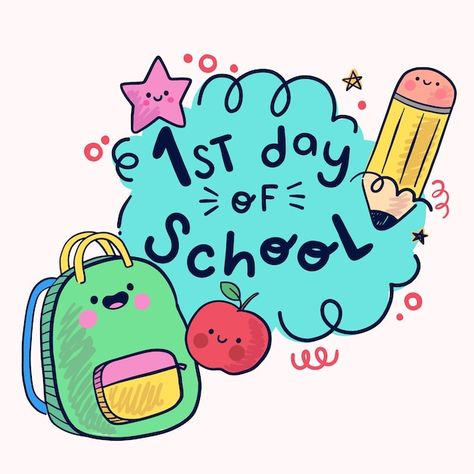 Hand drawn first day of school illustra... | Free Vector #Freepik #freevector Last Day Of School Clipart, First Day At School Ideas, First Day Of School Illustration, Back To School Doodles Easy, First Day Of School Ideas For Kids, Back To School Drawing Ideas, Last Day Of School Drawing, Welcome Back To School Clipart, First Day Of School Drawing