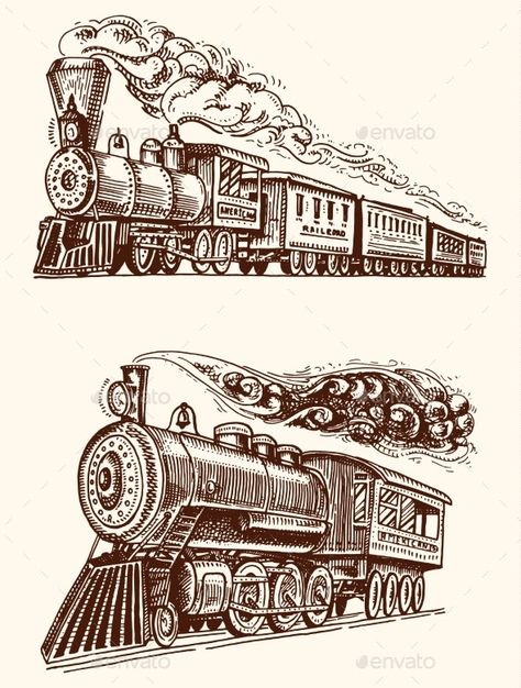 Train Tattoo, Drawing Pencil Art, Train Illustration, Train Drawing, Arte Steampunk, Train Art, Vintage Drawing, Vintage Train, Arte Sketchbook