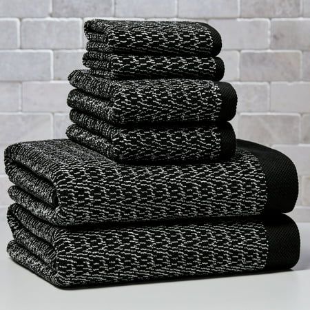 90% COTTON/10% VISCOSE BATH SHEET Size: 6-Piece Towel Set.  Color: Black. Towel Above Toilet, Black Bath Towels Bathroom, Black Gold And Gray Bathroom, Black Rose Gold Bathroom, Black And White Bathroom Towel Ideas, Bathroom Men Decor, Guys Bathroom Ideas Decor, Black Bathroom Decor Apartment, House Gifts For Men