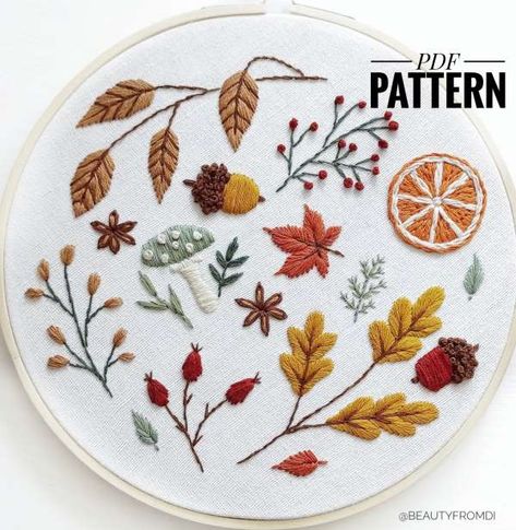 Free Autumn Embroidery Patterns, Simple Autumn Embroidery, Fall Flowers Embroidery, Embroidery Fall Designs, Fall Leaves Embroidery Pattern, Autumn Hand Embroidery, Simple Fall Embroidery Designs, Easy Fall Embroidery, Seasonal Embroidery Patterns