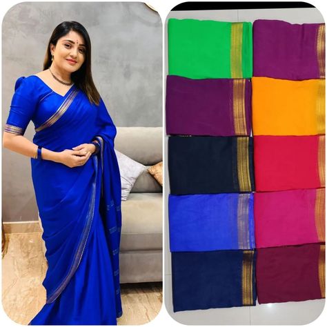 🔥 *Mix Semi-Mysore silk 5/5 Jambo Border sarees* 🔥 _120 grm thickness with Chit pallu_ _*This beautifully woven semi mix Mysore silk saree👌🏻 , with broad contrast borders of the saree has an amazingly detailed pattern in gold that adds to the traditional feel of the saree😘.* _*This beautiful saree is perfect for all festive occasions and this wedding season🎉. .* The thickness of the saree is 120 GSM* *Price : 1200-* *Free Shipping*bhav For Booking WhatsApp On 7975962979 Sandal Colour Saree Contrast Blouse, Mysore Silk Saree Colours, Mysore Silk Saree Blouse Designs, Ksic Mysore Silk Saree, Mysore Silk Sarees, Latest Bridal Blouse Designs, Mysore Silk Saree, Silk Sarees With Price, Mysore Silk