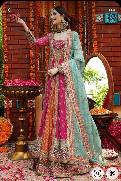 Mehndi Bridal Frocks, Haris Shakeel Mehndi Dresses, Colourful Pakistani Dresses, Colorful Mehendi Outfits, Pakistani Mehndi Dress Bridal, Mendi Outfits Pakistani, Mendi Outfits For Bride, Bridal Dress For Mehendi Function, Colorful Mehndi Outfit