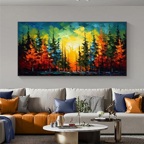 Tree Wall Art Living Room, Forest Oil Painting, Sunset Landscape Painting, Paintings Wall, Art Sunset, Hand Painted Wall Art, Flower Paintings, Custom Painting, Hand Painted Walls