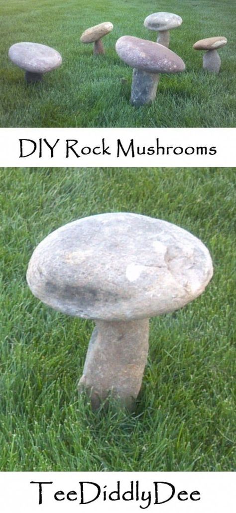 DIY Rock Mushrooms for the Garden - Flower Beds, Outdoor, Yard, Natural Rock Mushrooms, Outdoor Flower Beds, Diy Rock Garden, Funny Vine, Tattoo Plant, Garden Rock Art, Garden Mushrooms, Garden Flower Beds, Rock Garden Design