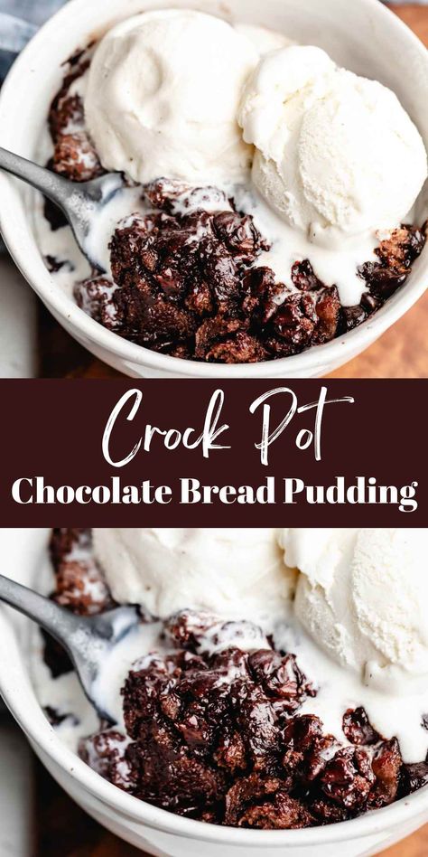 Crock Pot Triple Chocolate Bread Pudding - I Heart Eating Bread Pudding Crock Pot, Crock Pot Bread Pudding, Dessert Crockpot, Chocolate Bread Pudding Recipe, Pudding Bread, Crock Pot Bread, Crockpot Dessert Recipes, Chocolate Bread Pudding, Slow Cooker Recipes Dessert