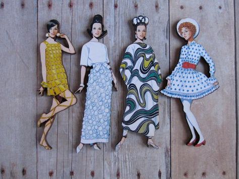 Paper Doll Brooch 1960's Wood Retro Mid Century Modern Fashionista Fashion Jewelry Vogue 1960s Paper Dolls, Quirky Fashion Vintage, Paper Brooch, Doll Printables, Retro Ephemera, Doll Brooch, Fashion Journal, Collage Art Projects, Match Box