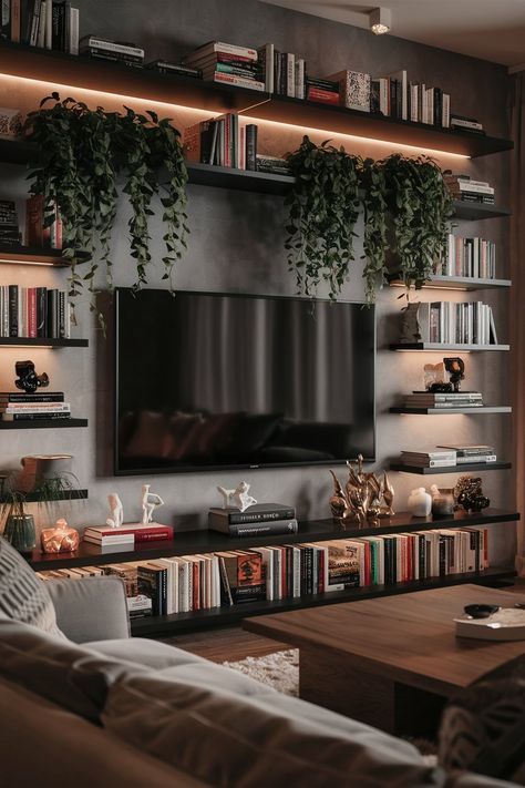 2 Tvs In Living Room, Library Tv Room, Modern Entertainment Room, Room Entertainment Center Ideas, Living Room Entertainment Center Ideas, Bedroom Entertainment Center, Entertainment Center Ideas, Wall Entertainment Center, Tv Lounge