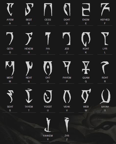 Daedric Alphabet Dragon Alphabet, Tato Salib, Skyrim Dragon, Ancient Alphabets, Different Alphabets, Schrift Design, Alphabet Code, Alphabet Symbols, Elder Scrolls Skyrim