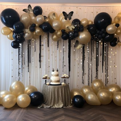 Birthday Decor Gold And Black, Black Gold And Silver Graduation Party, Black Theme Decoration, Black And Gold Themed Graduation Party, Elegant Party Backdrop, Balloon Decorations For 50th Birthday, Black And Golden Theme Birthday Party, Black And Gold Party Decorations Simple, Black And Gold Party Backdrops