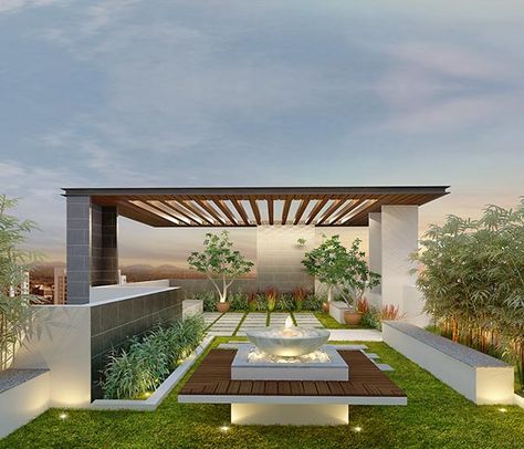 An elegant green roof of your residential/commercial space lets you relax out of the hustle-bustle of the day-to-day life. #roofgarden #terracegarden #terracegardening #greenliving #rooftopgarden #greenroofs Ruang Tamu Outdoor, Roof Terrace Design, Rooftop Patio Design, Terraced Landscaping, Taman Air, Roof Garden Design, Terrace Furniture, Green Homes, Terrace Garden Design