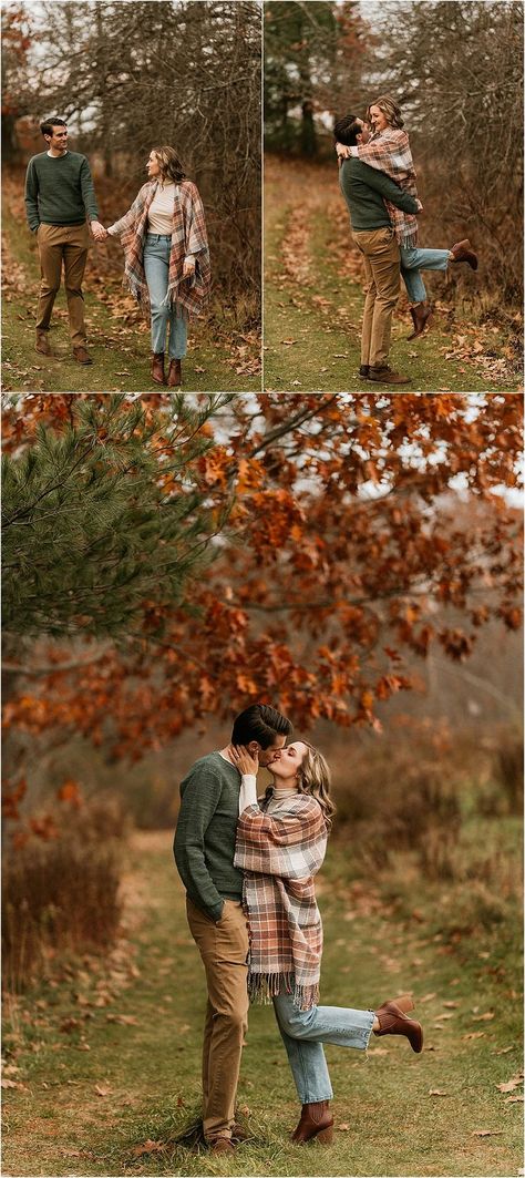 Fall Anniversary Photo Shoot Ideas, Fall Engagement Pictures Color Scheme, Fall Outfits Women Engagement Photos, Engament Picture Ideas Fall, Fall Engagement Outfits Men, Fall Photoshoot Outfits Couples 2023, Fall Prewedding Photoshoot, Rustic Fall Engagement Pictures, Engagement Photos Outfits Fall Country