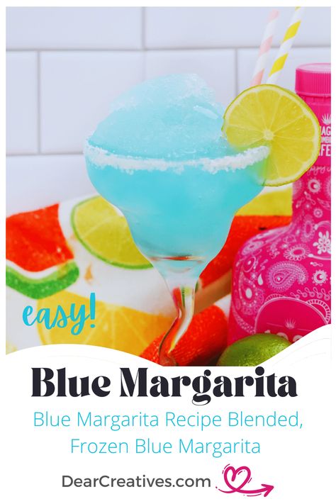 Blue Margarita Recipe – Nothing says summer like sipping cocktails and mocktails in the backyard. If you are ready to blend up a frozen margarita cocktail make this delicious blue drink. We blended the blue margarita. The drink recipe can be adapted (see the recipe notes) and it can be shaken. Use for summer party drinks, baby showers, bridal showers, celebrations, mermaid-themed parties, or just to enjoy at home. DearCreatives.com  Image: blue margarita frozen cocktail with salted rim and lime Blue Frozen Margarita, Blended Margarita Recipe, Summer Party Drinks, Blue Margaritas, Blue Margarita Recipe, Limeade Margarita, Summer Party Drink, Raspberry Margarita, Blue Margarita