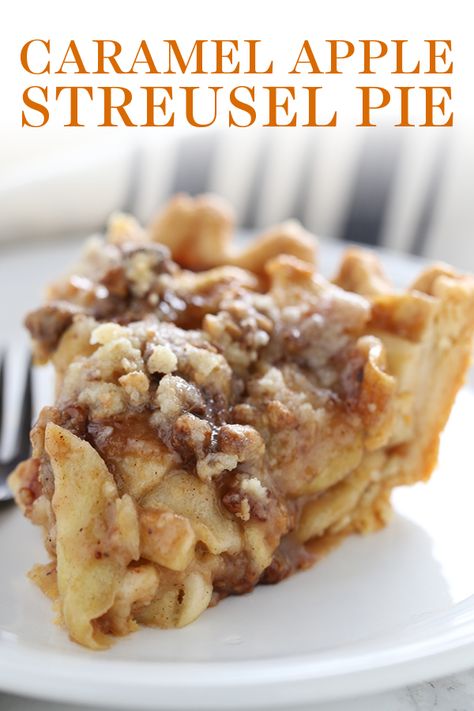 This Caramel Apple Streusel Pie features a rich and buttery crust, an easy homemade caramel apple filling, and a toffee streusel topping. Easy homemade, from-scratch recipe that is great for a crowd during fall or on the Thanksgiving dessert table! Simply the BEST. #applepie #caramelapple #applestreusel #thanksgiving #applepierecipe Apple Thanksgiving Desserts, Apple Streusel Pie, Caramel Apple Filling, Homemade Caramel Apple, Streusel Pie, Caramel Apples Homemade, Thanksgiving Desserts Table, Fun Thanksgiving Desserts, Apple Streusel